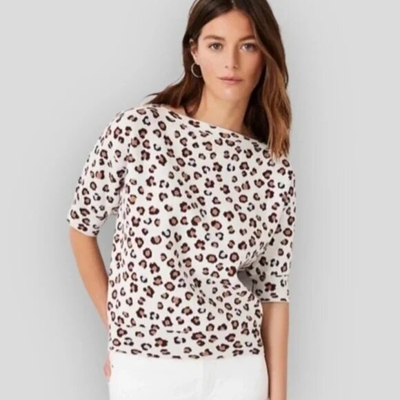 NWT Ann Taylor Leopard Print Boatneck Sweater Tee, XL, Cotton/Nylon/Modal/Poly - Picture 1 of 10